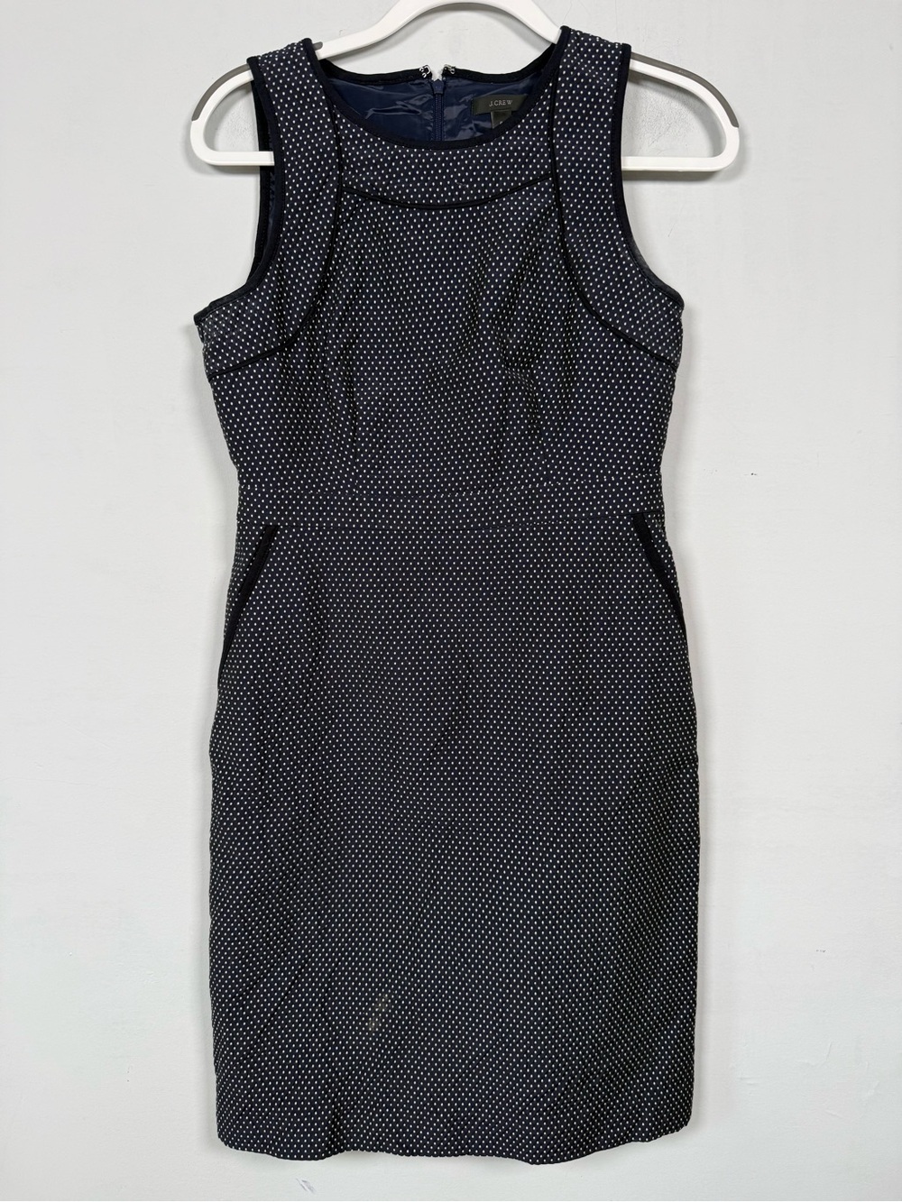 J.crew Tipped Sheath Dress In Navy Blue Dotted Jacquard, Sz 6